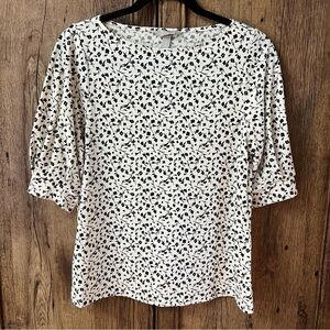 H&M White & Black Floral Small Top Cuffed Puff Half Sleeves Business Casual NWOT